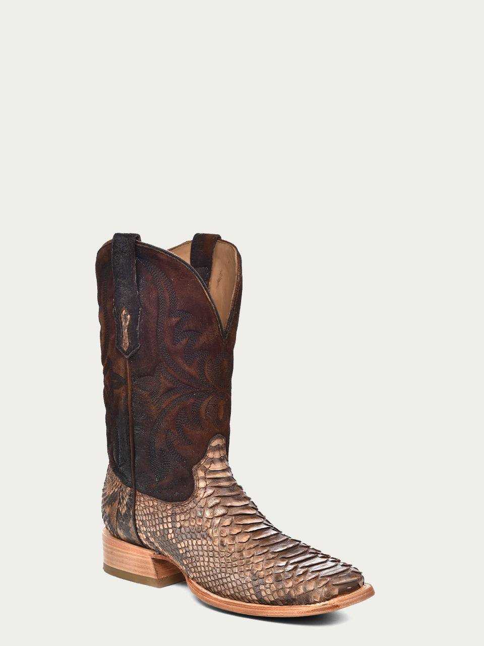 Men's Corral Brown Genuine Python Boots featuring a brown python leather vamp and dark brown embossed lamb leather shaft with wide square toe