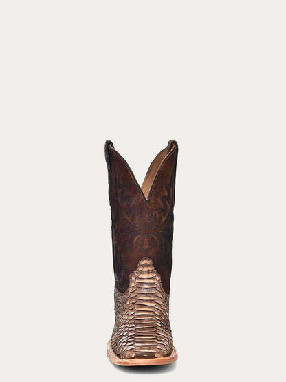 Men's Corral Brown Genuine Python Boots featuring a genuine brown python vamp, chocolate brown lamb leather shaft with traditional embroidery, wide square toe, and pull-on straps
