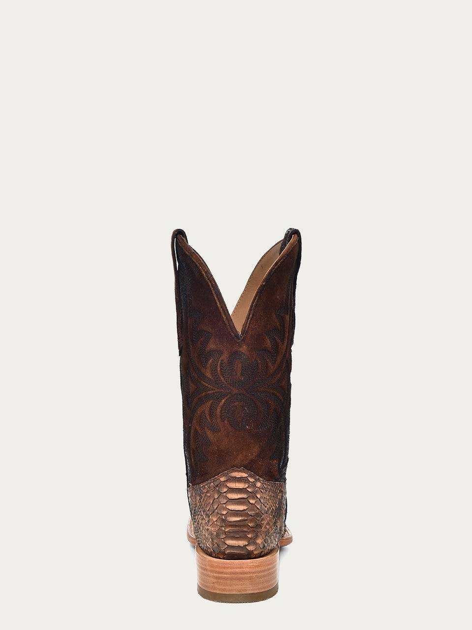 Men's Corral Brown Genuine Python Boots with brown python vamp and embroidered chocolate lamb leather shaft