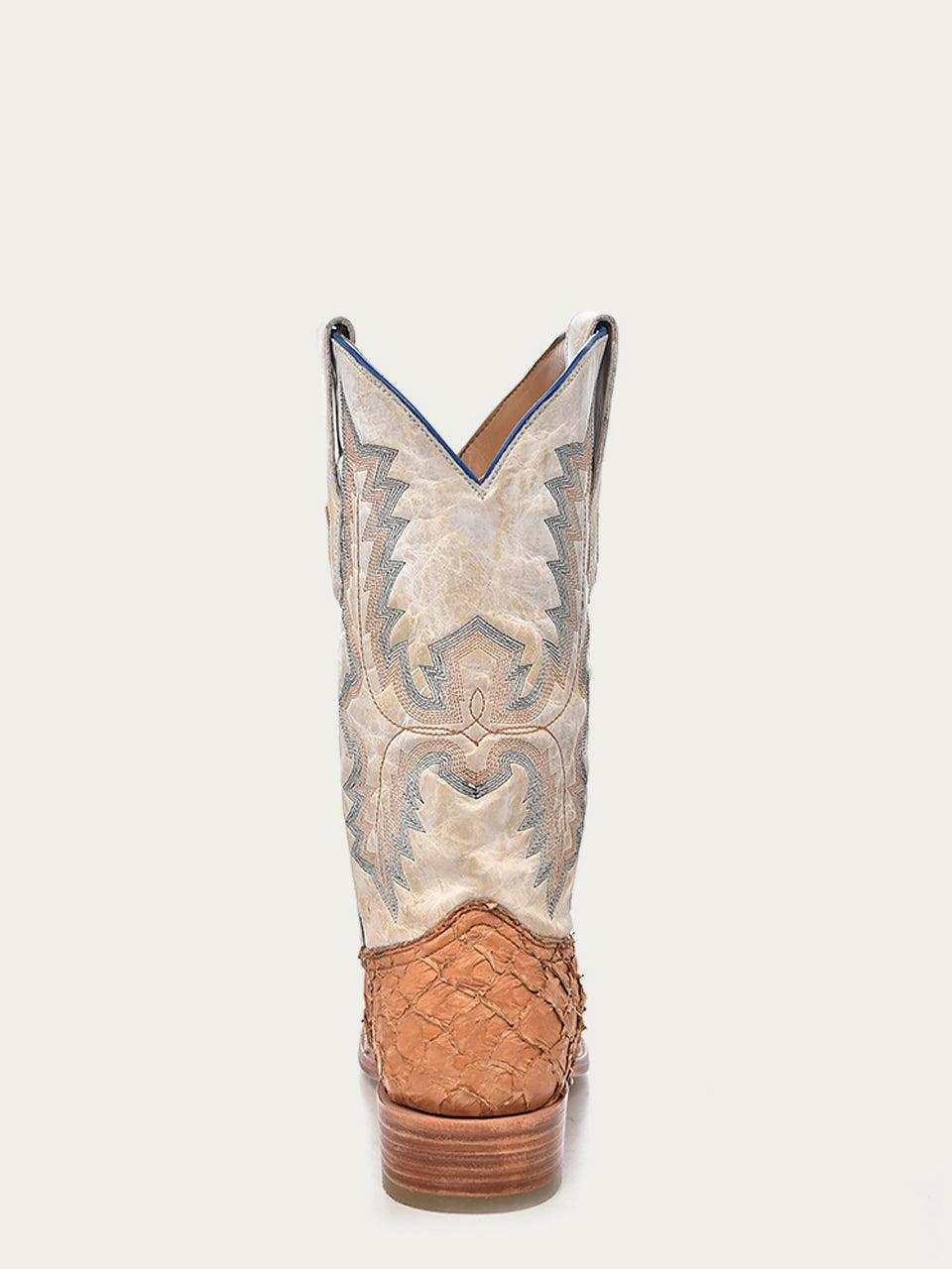 Corral Cognac Pirarucu Fish Boots featuring rich cognac pirarucu leather foot with detailed embroidered shaft and square toe