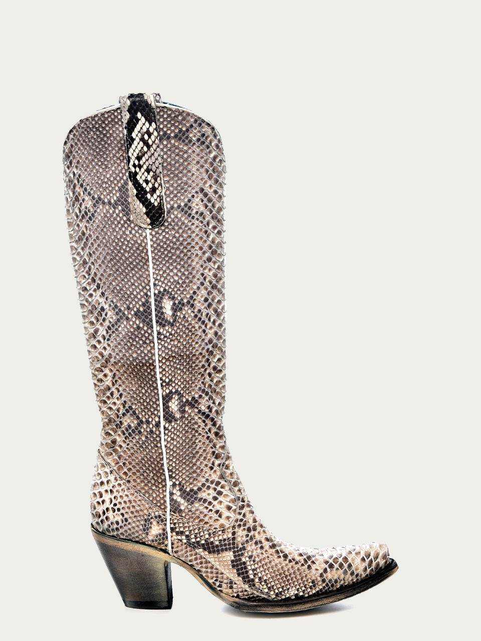 Women's Corral Natural Genuine Python Boots in natural python leather with snip toe, 15-inch tall shaft, zipper, and 3-inch stacked heel