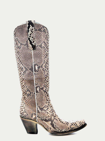 Women's Corral Natural Genuine Python Boots in natural python leather with snip toe, 15-inch tall shaft, zipper, and 3-inch stacked heel