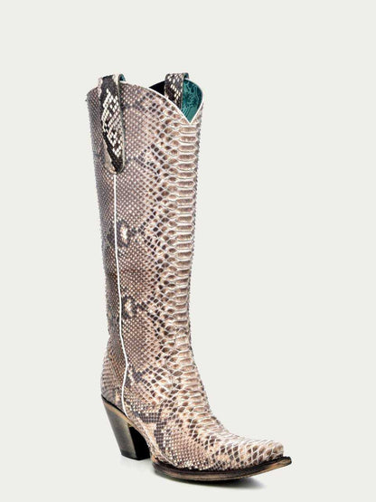 Women's Corral Natural Genuine Python Boots featuring natural python leather, snip toe, tall 15-inch shaft, zipper tall top, and stacked 3-inch heel