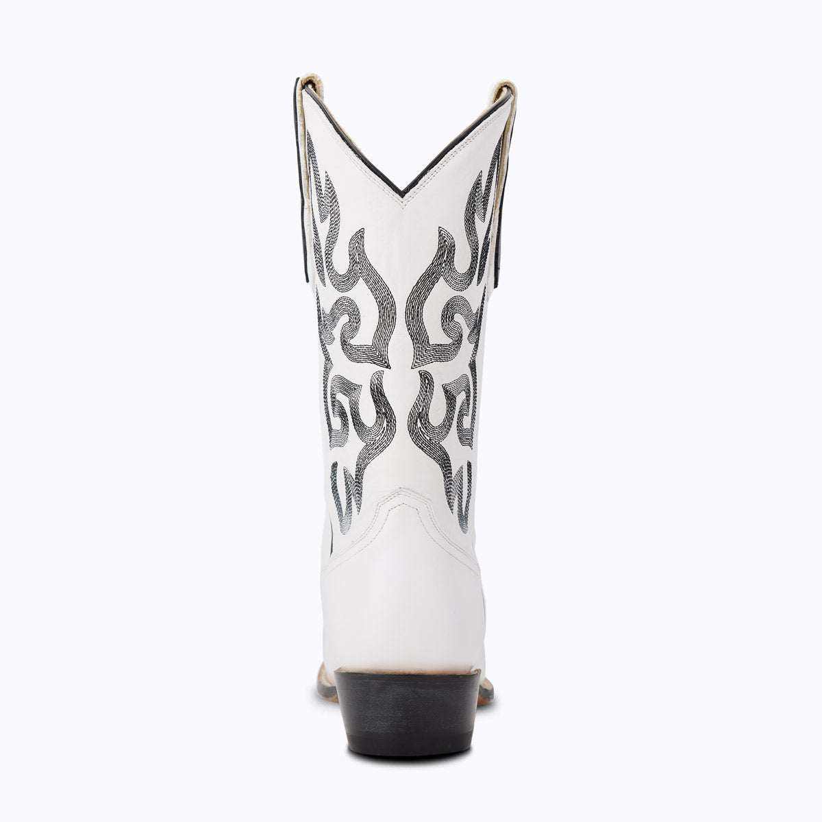 El Capitan Boots Nashville - Blizzard western boot in white leather with dark flame embroidery, V-cut shaft and brown heel.