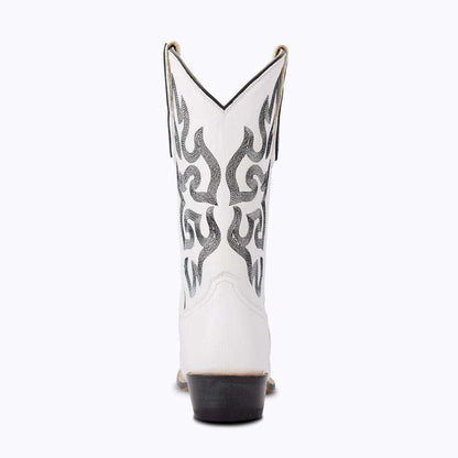 El Capitan Boots Nashville - Blizzard western boot in white leather with dark flame embroidery, V-cut shaft and brown heel.