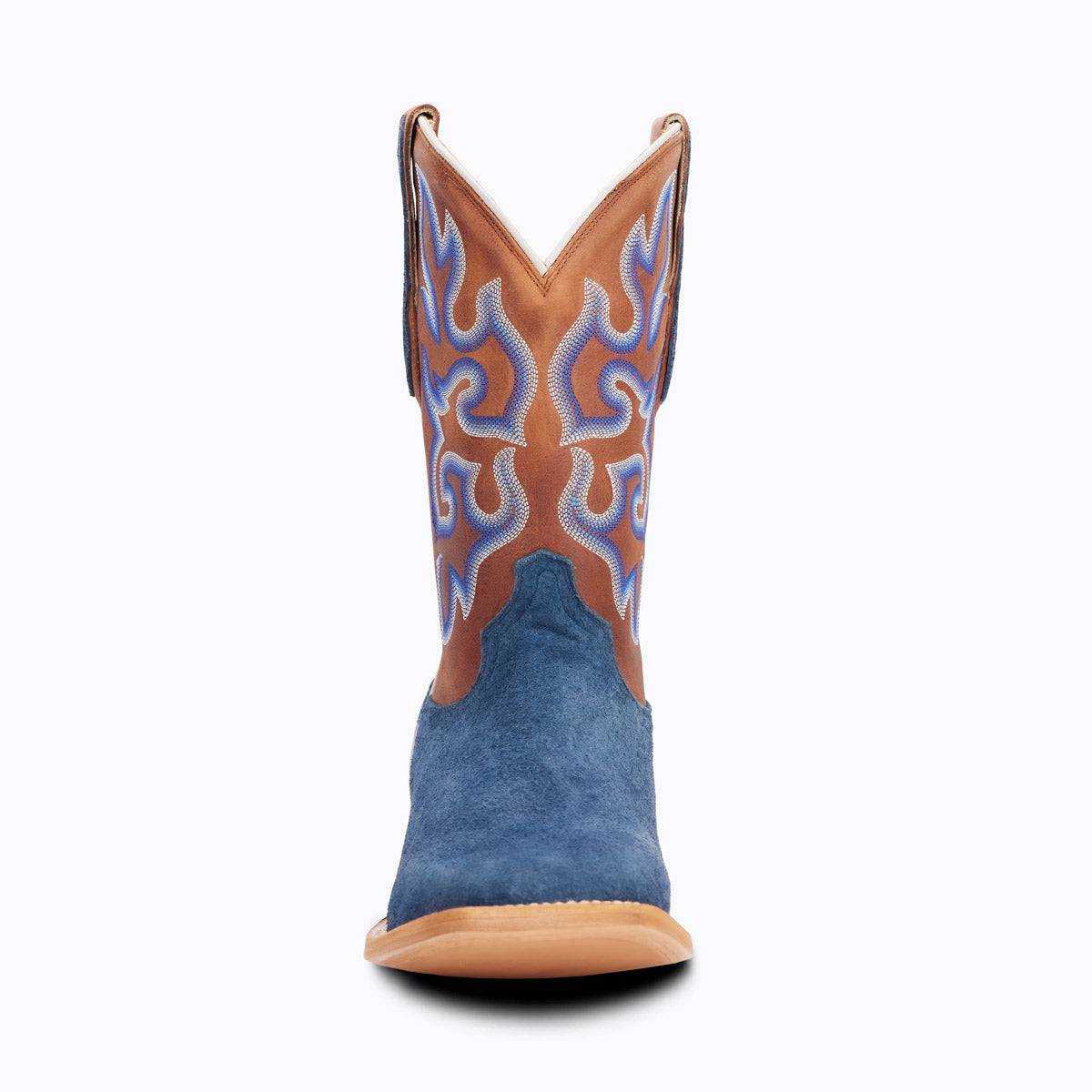 El Capitan Cisco - Front Street western boot in blue suede and brown leather with ornate embroidered flame-pattern shaft