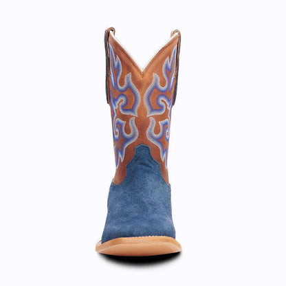 El Capitan Cisco - Front Street western boot in blue suede and brown leather with ornate embroidered flame-pattern shaft