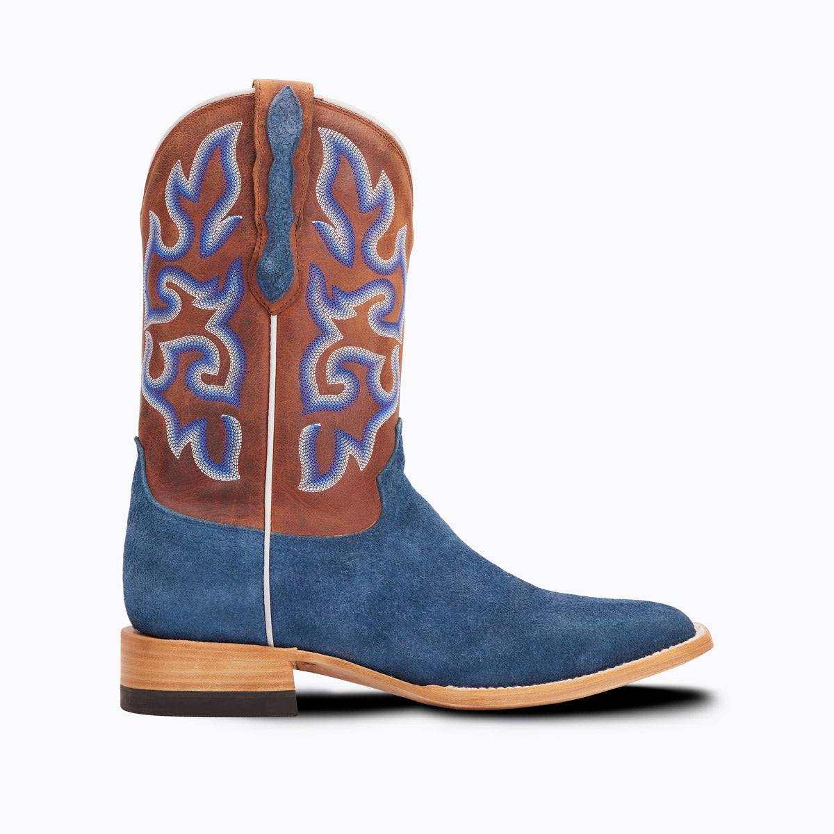 El Capitan Cisco - Front Street western boot in blue suede with a brown shaft, blue flame stitching and square toe