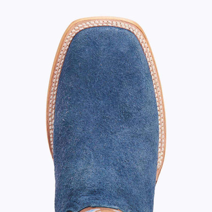 El Capitan Cisco - Front Street western boot in blue suede with a medium square toe and contrasting stitched welt