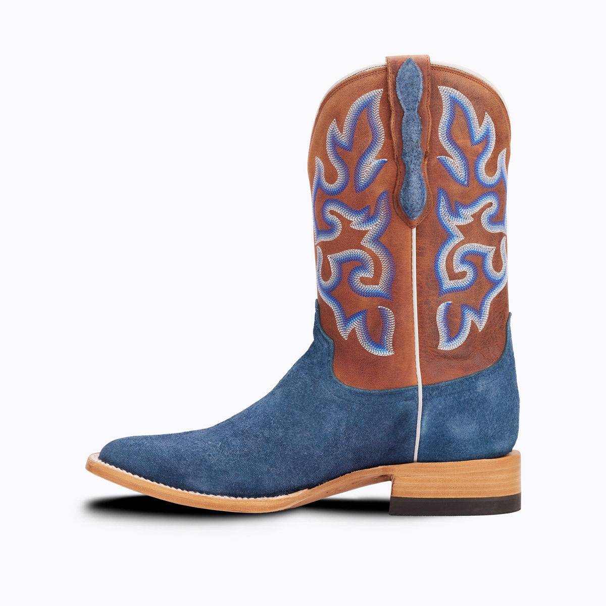 El Capitan Cisco - Front Street western cowboy boot in blue suede and tan leather with bold embroidered shaft accents