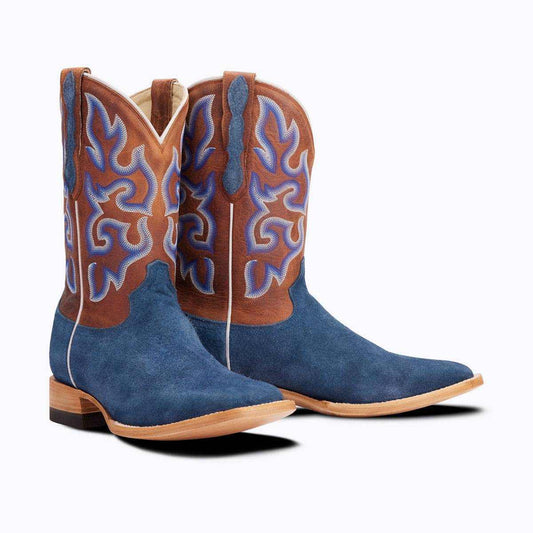 El Capitan Cisco - Front Street western boots in blue suede with brown leather shafts, ornate contrast stitching and square toes