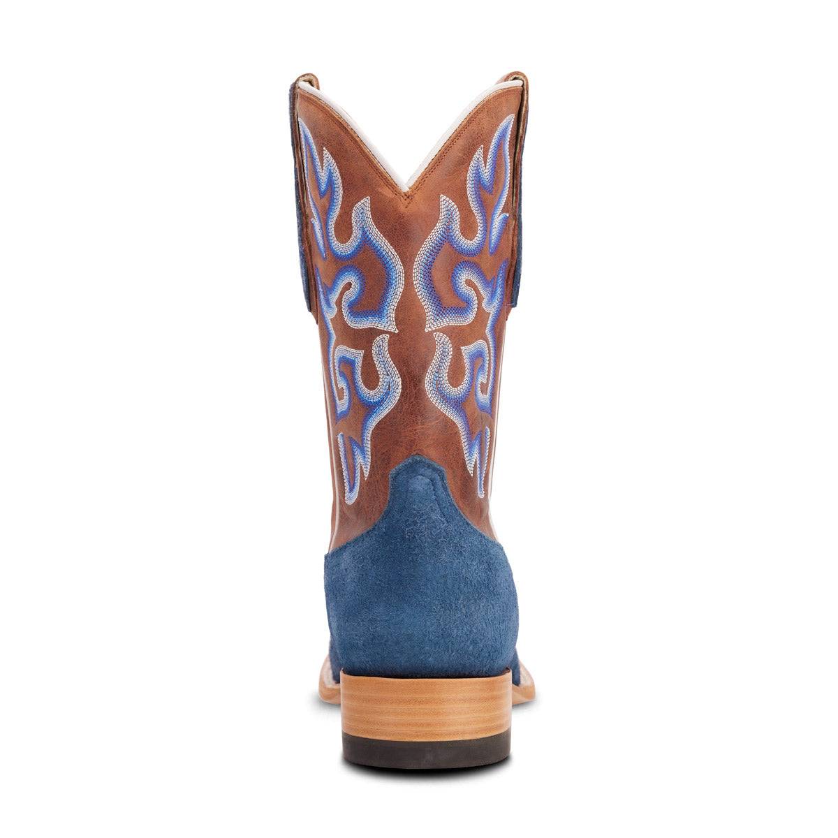 El Capitan Cisco - Front Street western boot in brown leather with blue shaft, ornate cream and blue stitching and block heel.