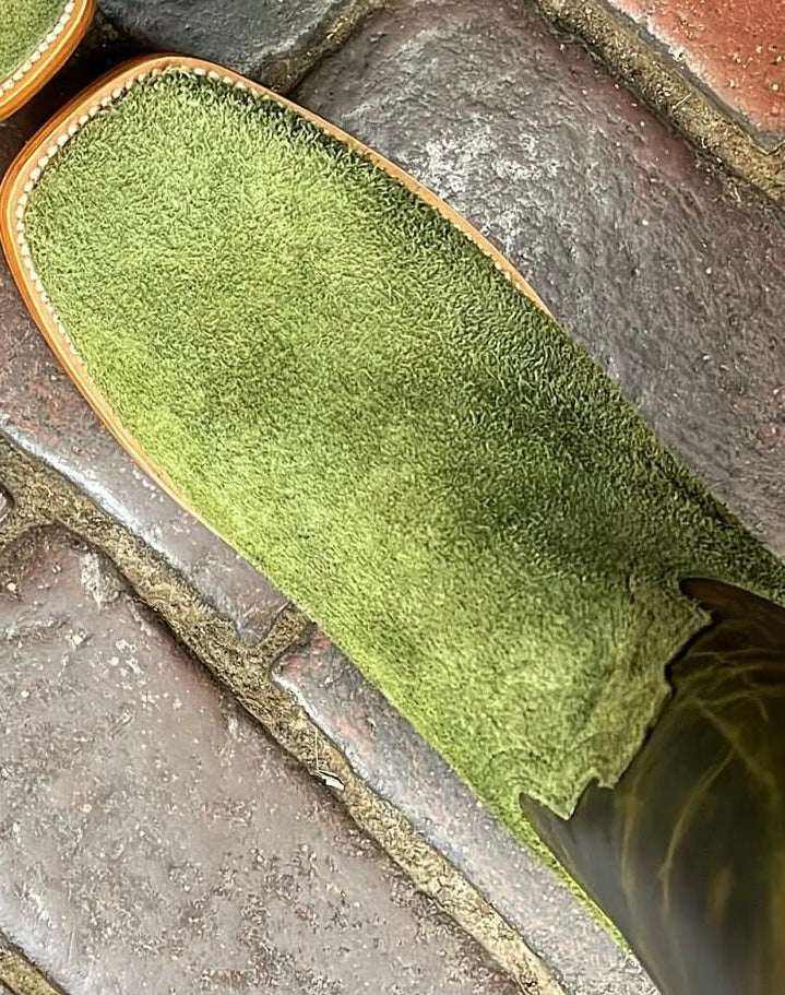 Boot vamp in El Capitan Cisco Green Roughout suede, with a fuzzy olive-green nap and tan leather trim
