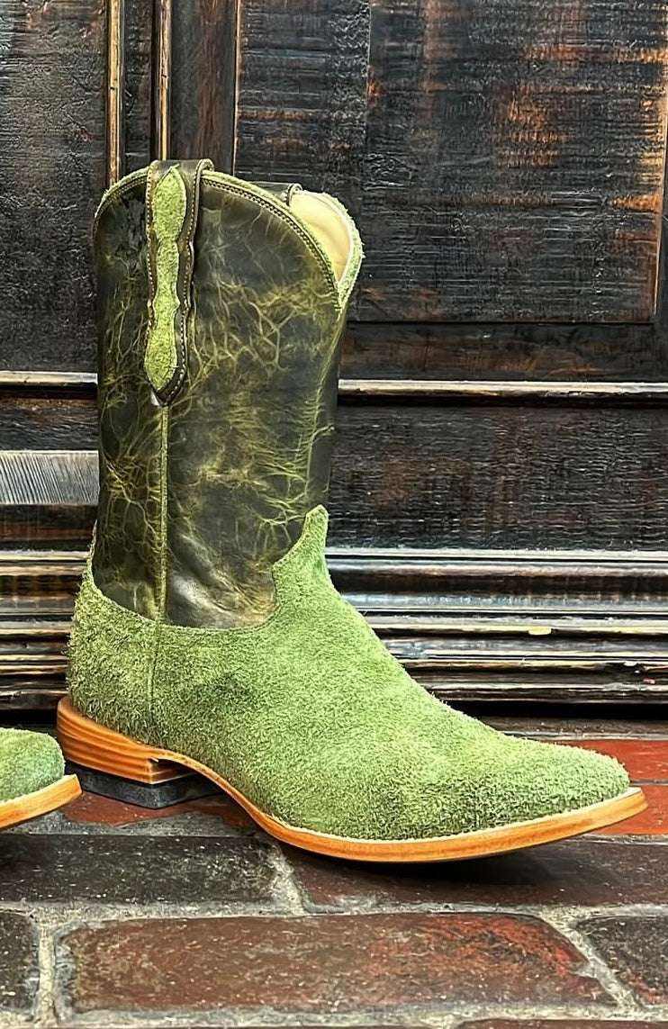 Western cowboy boot in El Capitan Cisco Green Roughout with olive green textured suede, dark green leather shaft and pull tabs