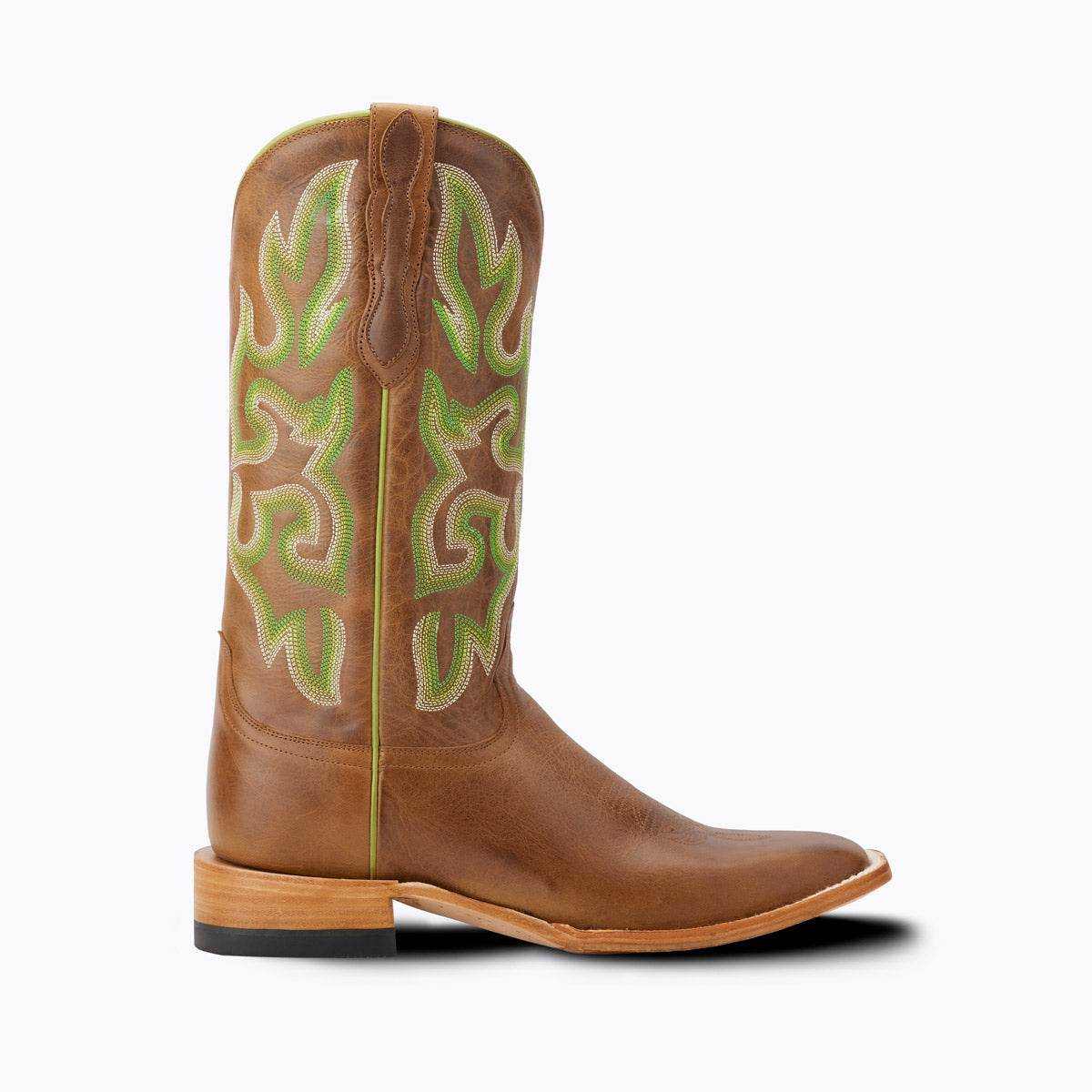 El Capitan Ft Worth - Camp Bowie western boot in brown leather with green and cream embroidered shaft and square toe