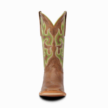 El Capitan Ft Worth - Camp Bowie western boot in brown leather with green and cream stitched scrollwork