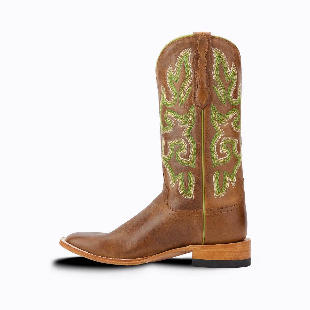 El Capitan Ft Worth - Camp Bowie men's western boot in brown leather with green and cream embroidered shaft and square toe