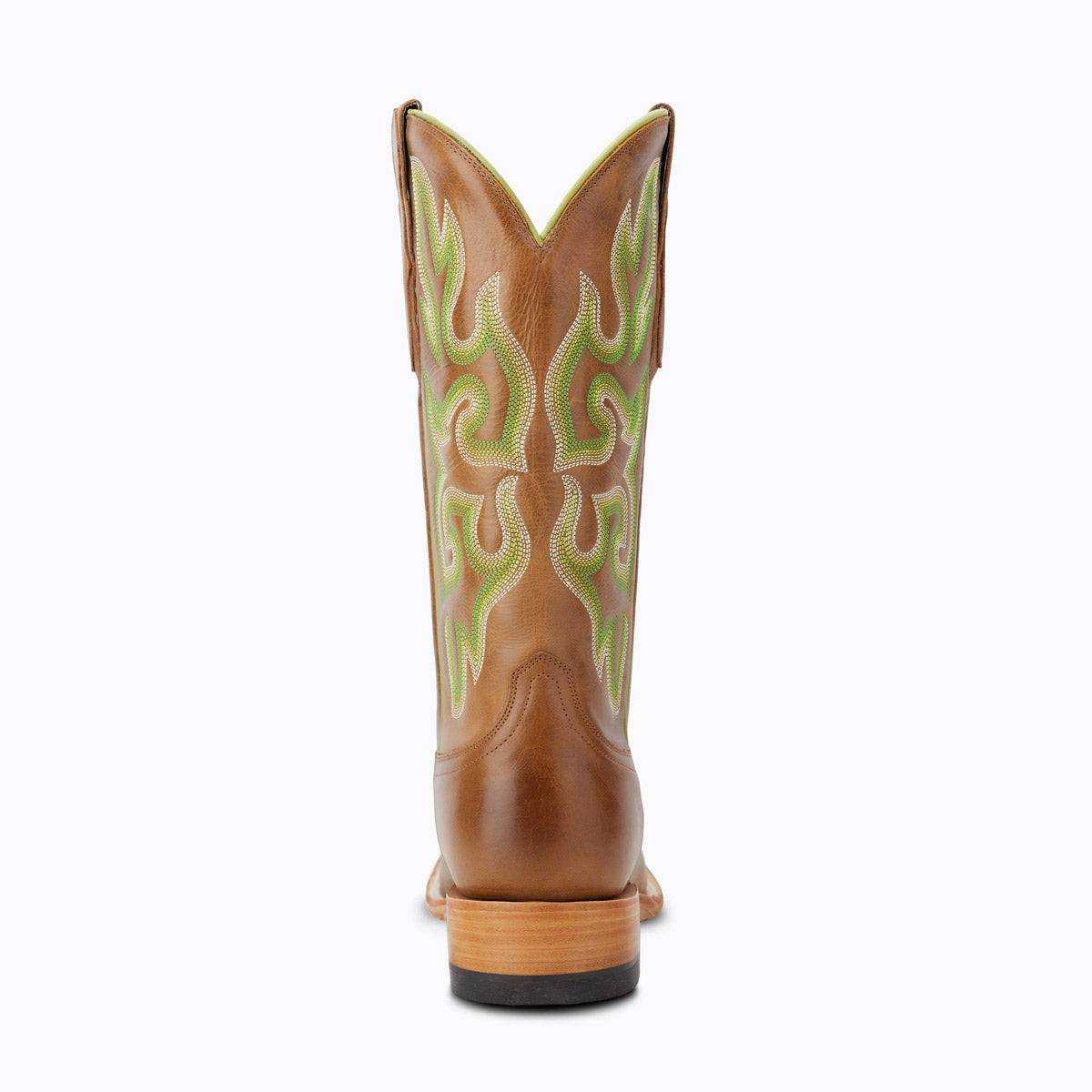 El Capitan Ft Worth - Camp Bowie western boot in brown leather with green and cream embroidered shaft and stacked heel