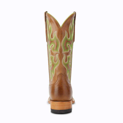 El Capitan Ft Worth - Camp Bowie western boot in brown leather with green and cream embroidered shaft and stacked heel