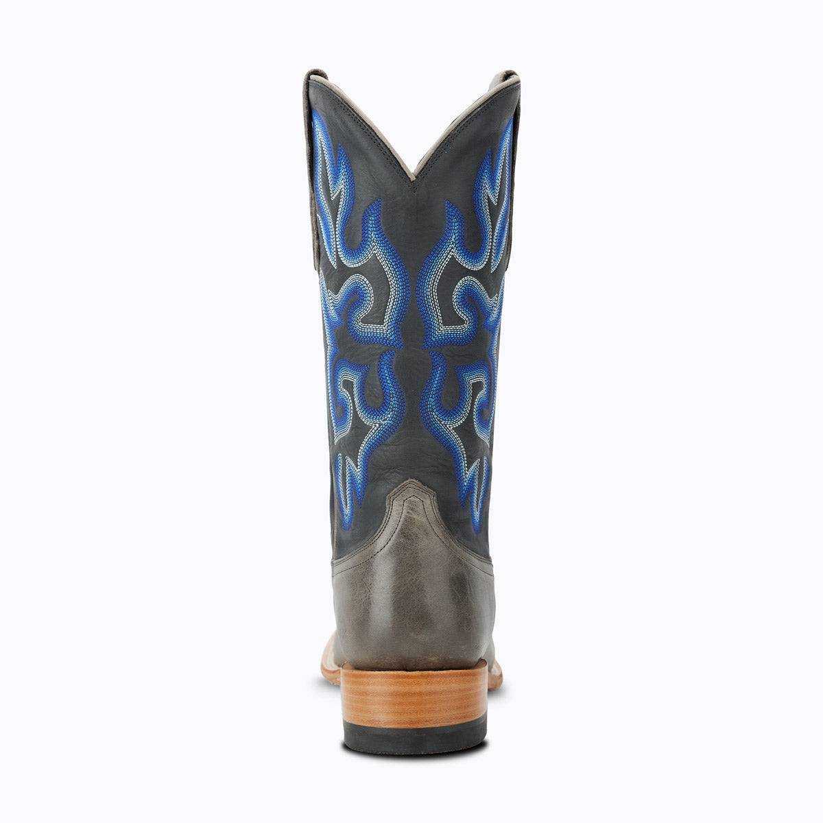 El Capitan Ft Worth - Exchange Avenue cowboy boot in dark leather with a tall shaft and vivid blue flame embroidery