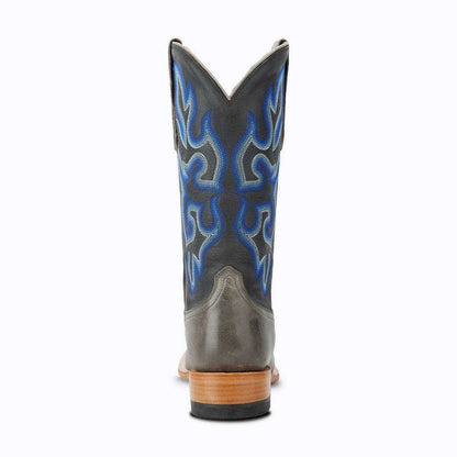 El Capitan Ft Worth - Exchange Avenue cowboy boot in dark leather with a tall shaft and vivid blue flame embroidery