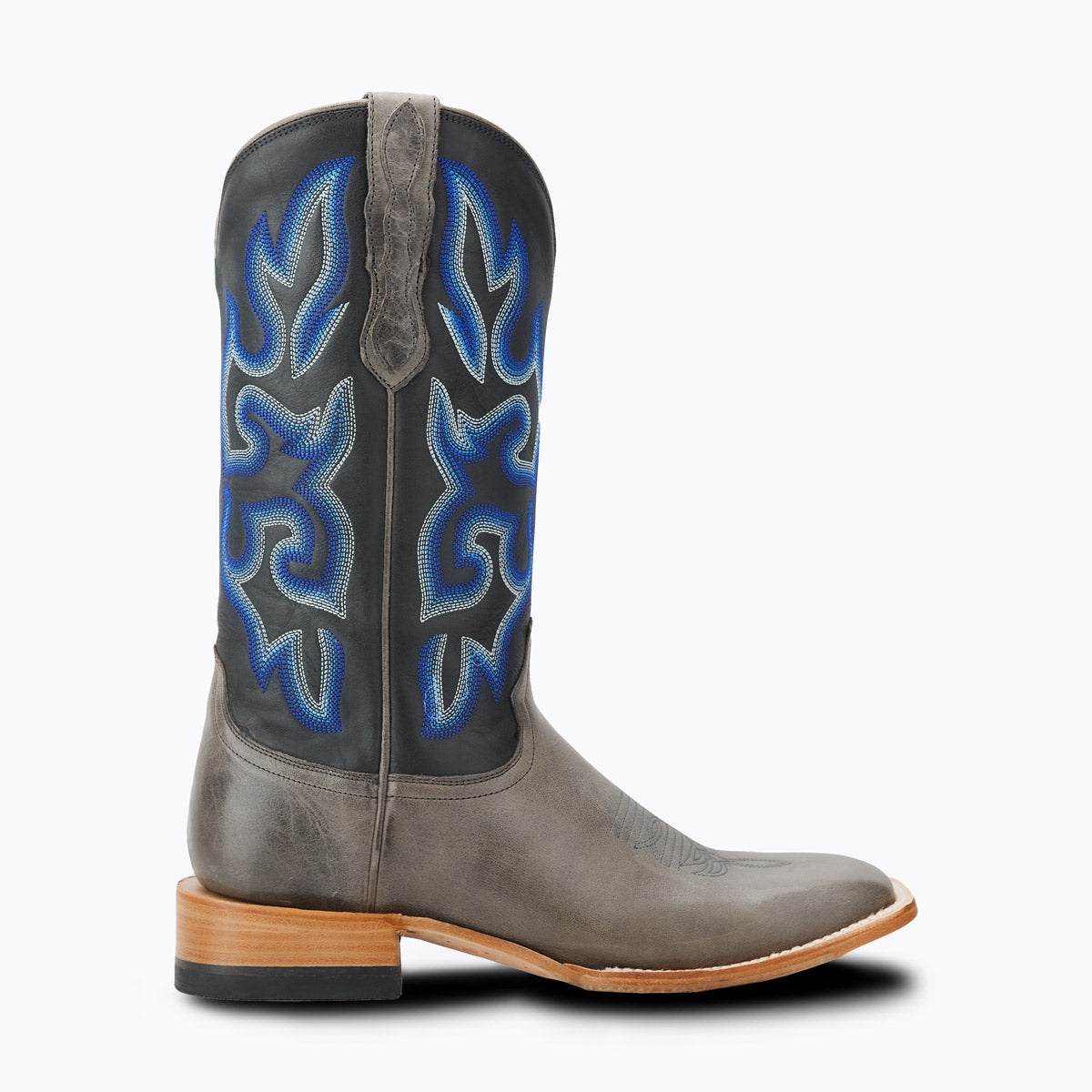 El Capitan Ft Worth - Exchange Avenue western boot in gray leather with vivid blue embroidered shaft and square toe