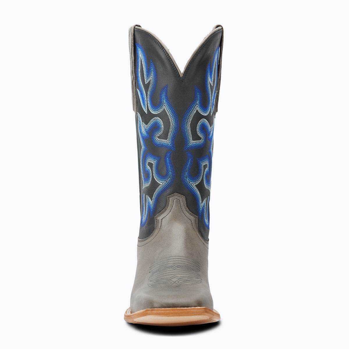 El Capitan Ft Worth - Exchange Avenue cowboy boot in gray leather with vivid blue flame stitching and a tall shaft