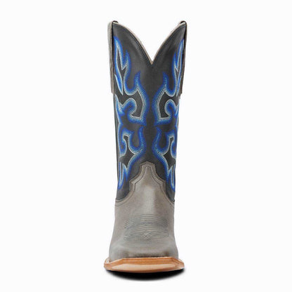 El Capitan Ft Worth - Exchange Avenue cowboy boot in gray leather with vivid blue flame stitching and a tall shaft