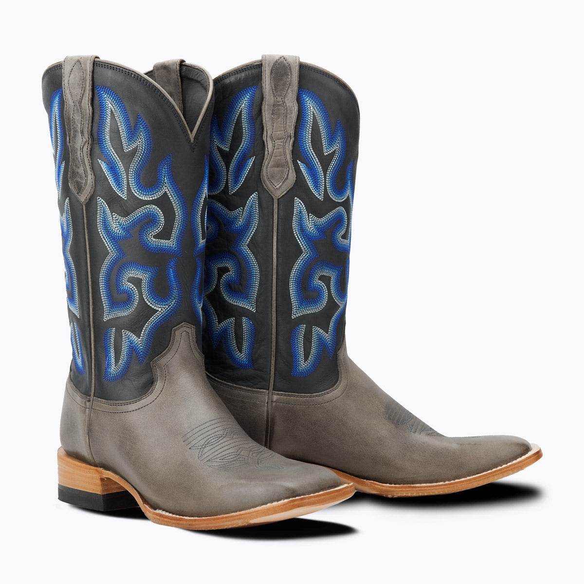 El Capitan Ft Worth - Exchange Avenue western cowboy boots in gray leather with blue flame embroidery and square toes