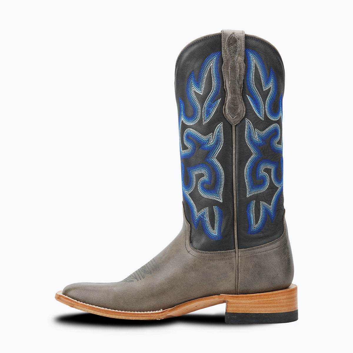 El Capitan Ft Worth - Exchange Avenue cowboy boot in gray leather with black shaft and ornate blue stitching