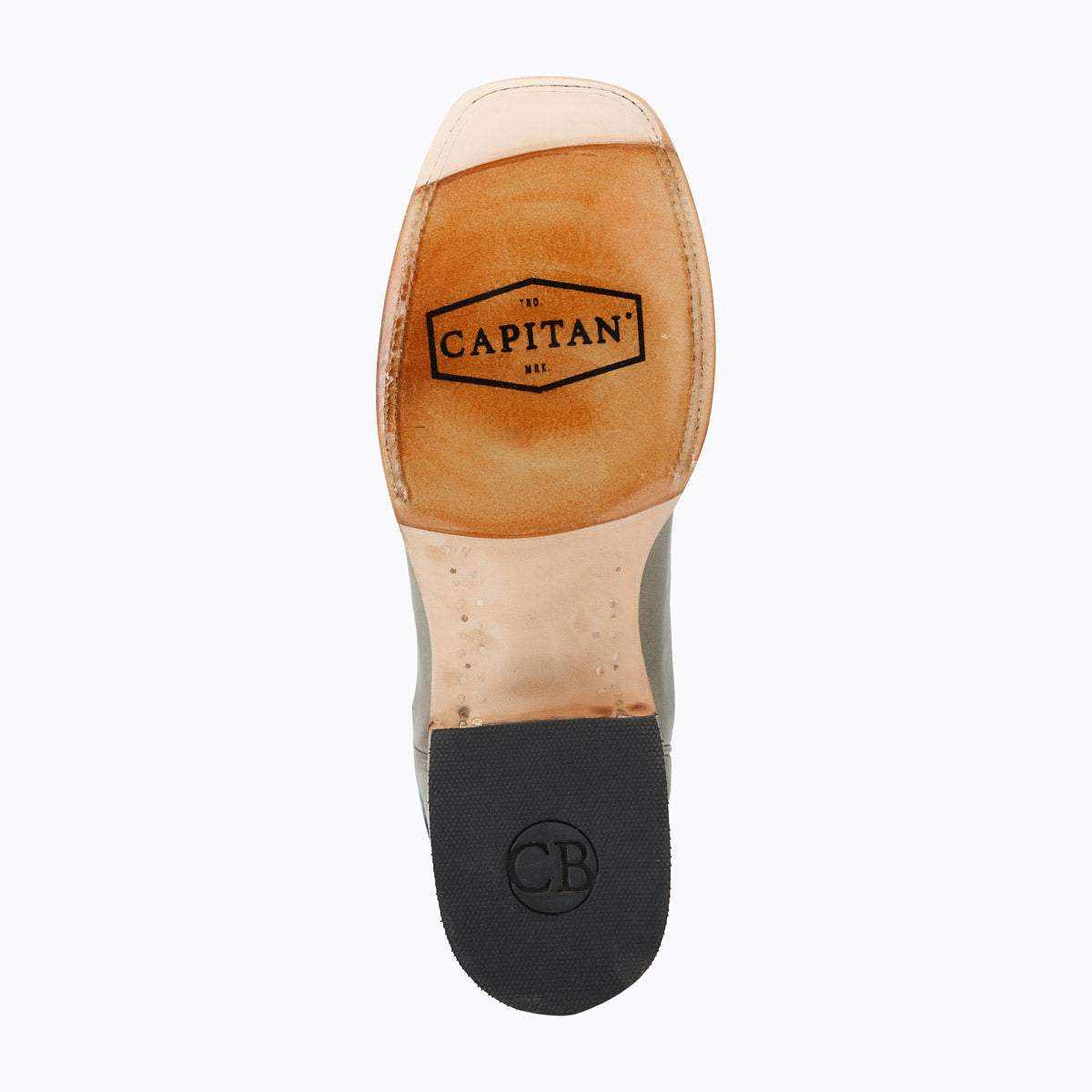 El Capitan Ft Worth - Exchange Avenue western boot outsole in tan leather with a black rubber heel and branded sole