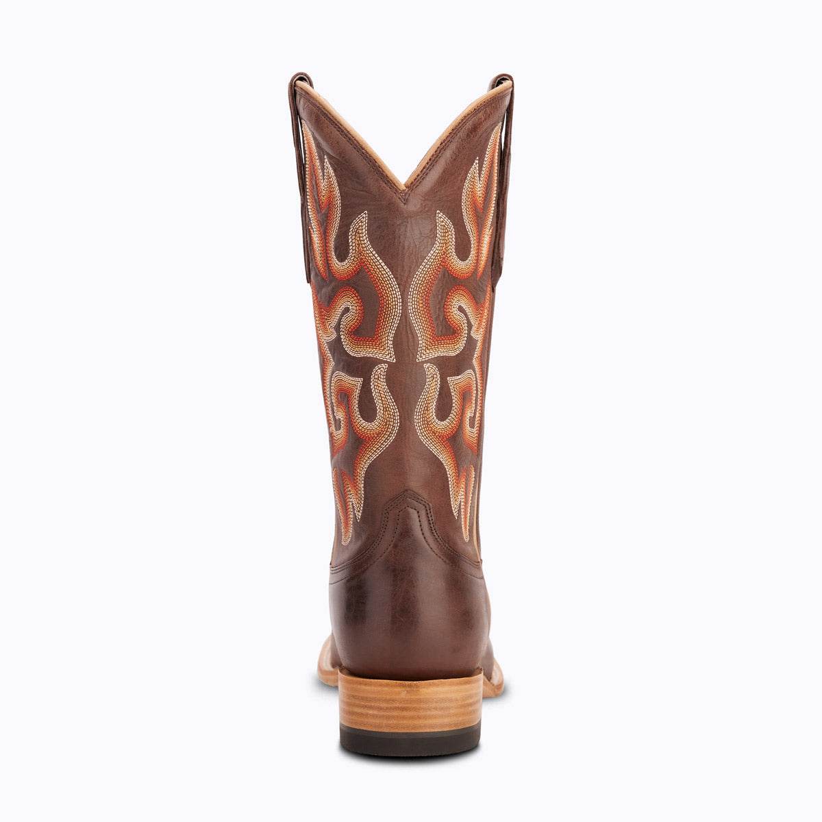 El Capitan Ft Worth - Main Street western boot in brown leather with orange and cream embroidered flame patterns on the shaft