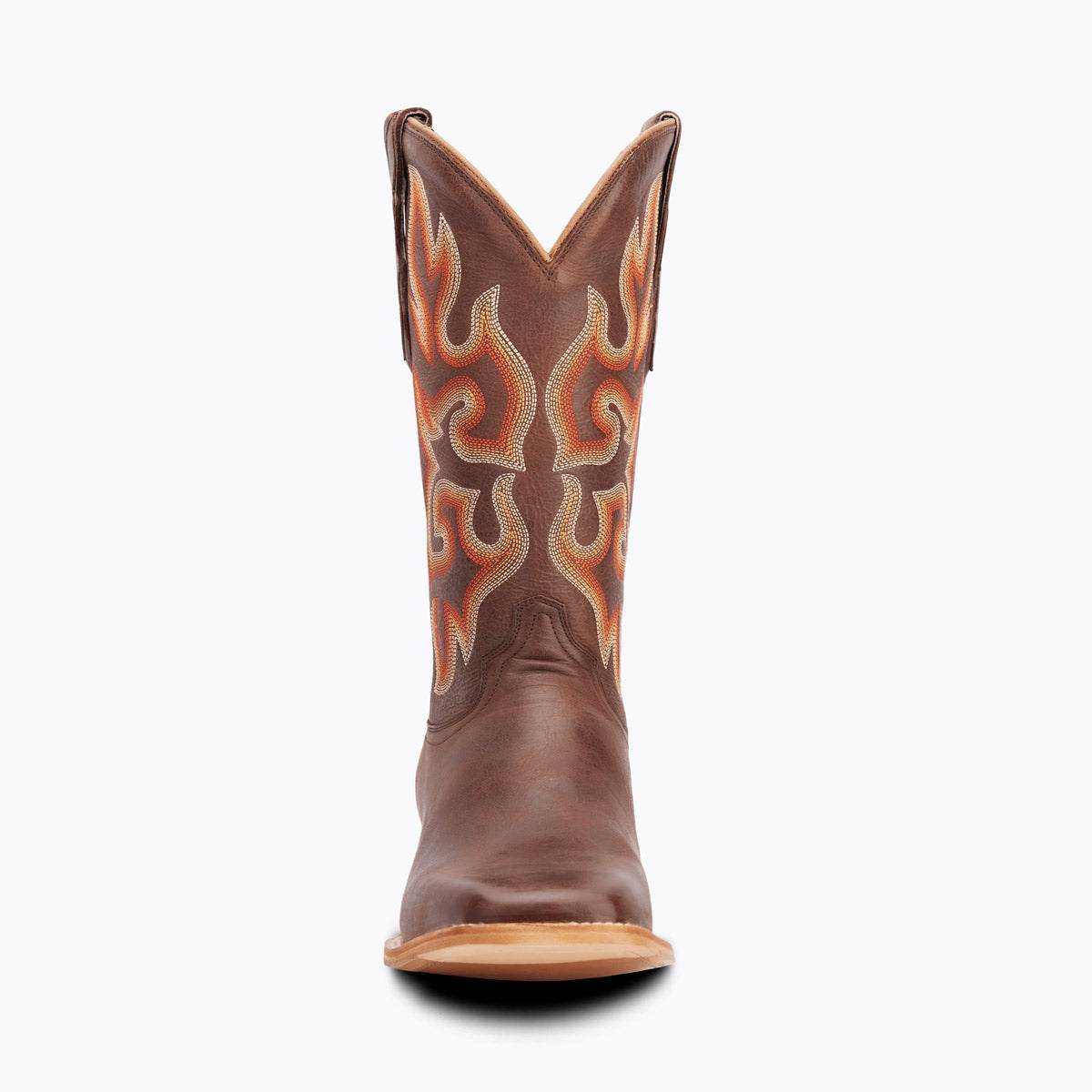 El Capitan Ft Worth - Main Street western boot in brown leather with orange and cream flame-patterned shaft and square toe