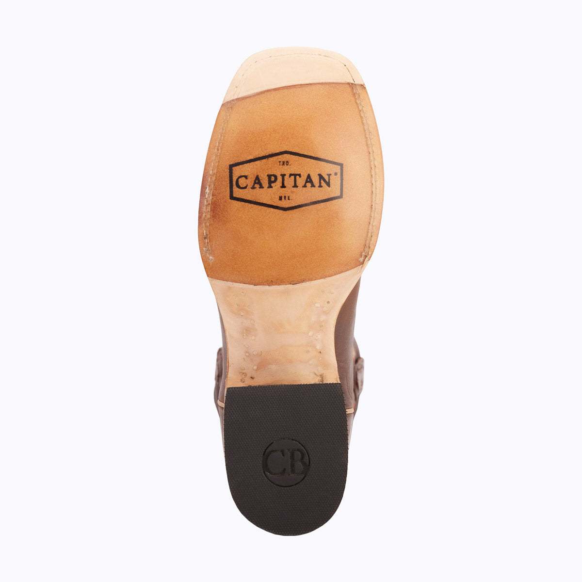 El Capitan Ft Worth - Main Street western boot sole in tan leather with a black rubber heel and branded outsole