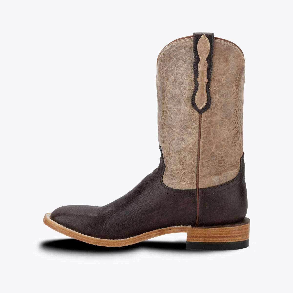 El Capitan Jackson - Gallatin western boot in dark brown leather with a light tan textured shaft and decorative stitching