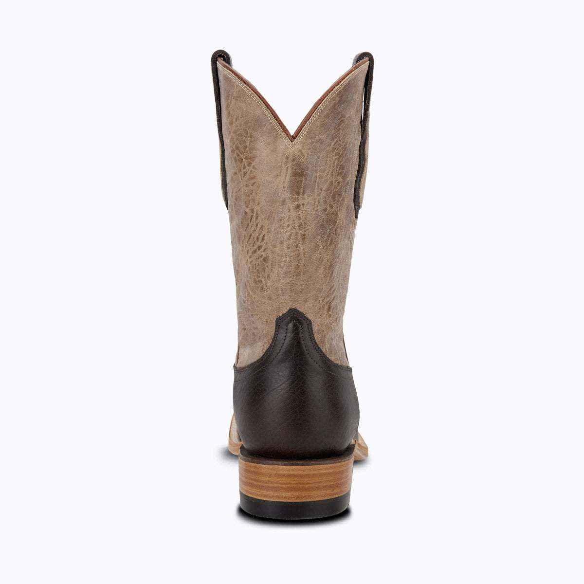 El Capitan Jackson - Gallatin western boot with a tan textured leather shaft, dark brown heel counter and stacked heel.