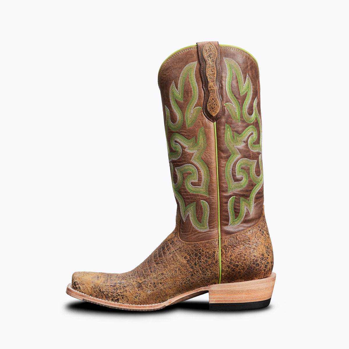 El Capitan Nashville Broadway cowboy boot in distressed brown leather with green and tan embroidered shaft and broad cutter toe