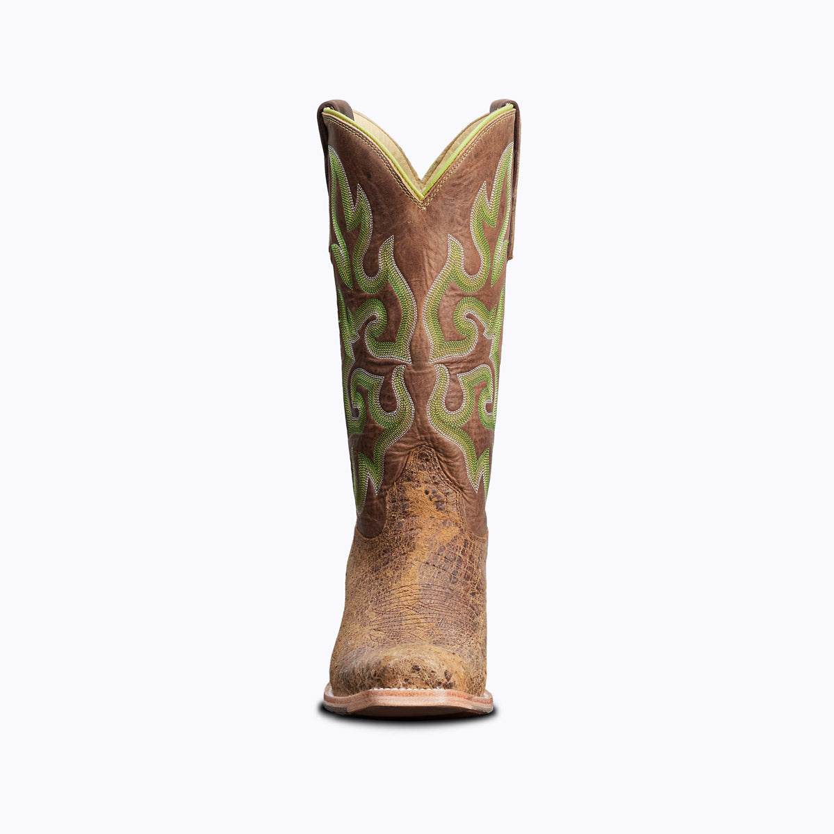 El Capitan Nashville Broadway cowboy boot in brown leather with a tall shaft, green flame embroidery and pointed toe
