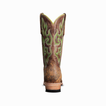 El Capitan Nashville Broadway cowboy boot in brown leather, featuring green and cream flame stitching and textured heel counter.
