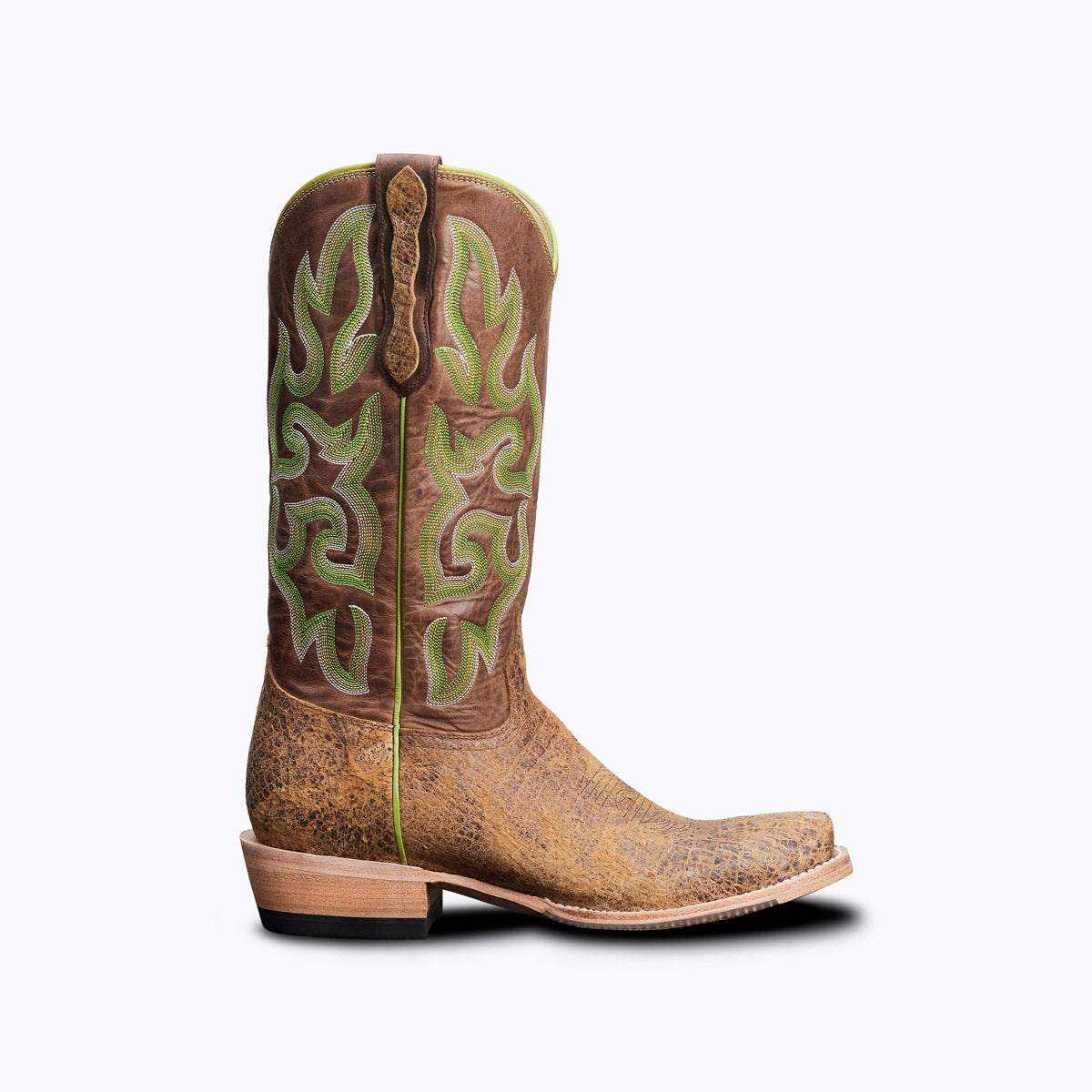 El Capitan Nashville Broadway western boot in tan textured leather with a tall brown shaft, green flame stitching and cutter toe