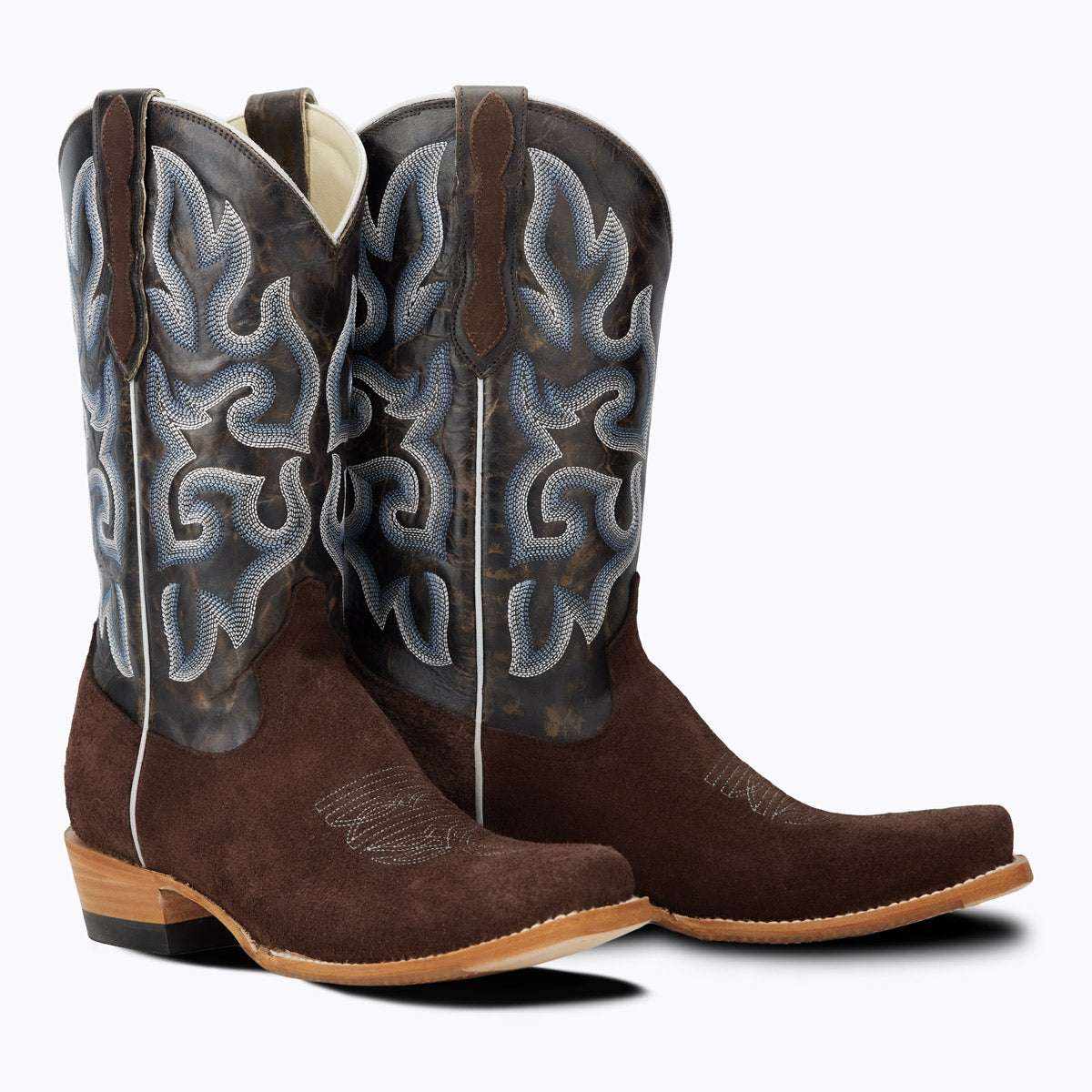 El Capitan Nashville - Dakota cowboy boots in dark brown suede with blue-gray ornate embroidered shafts and pointed toes