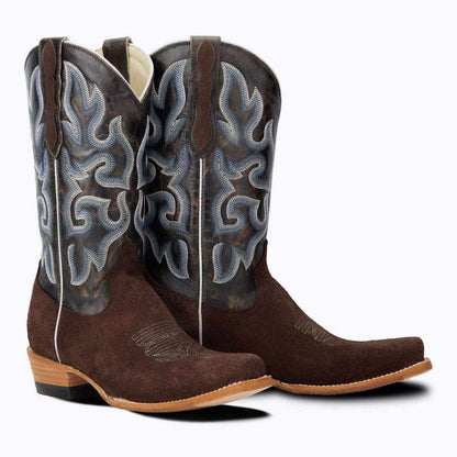 El Capitan Nashville - Dakota cowboy boots in dark brown suede with blue-gray ornate embroidered shafts and pointed toes