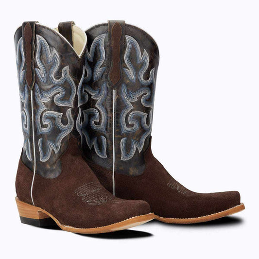 El Capitan Nashville - Dakota cowboy boots in dark brown suede with blue-gray ornate embroidered shafts and pointed toes