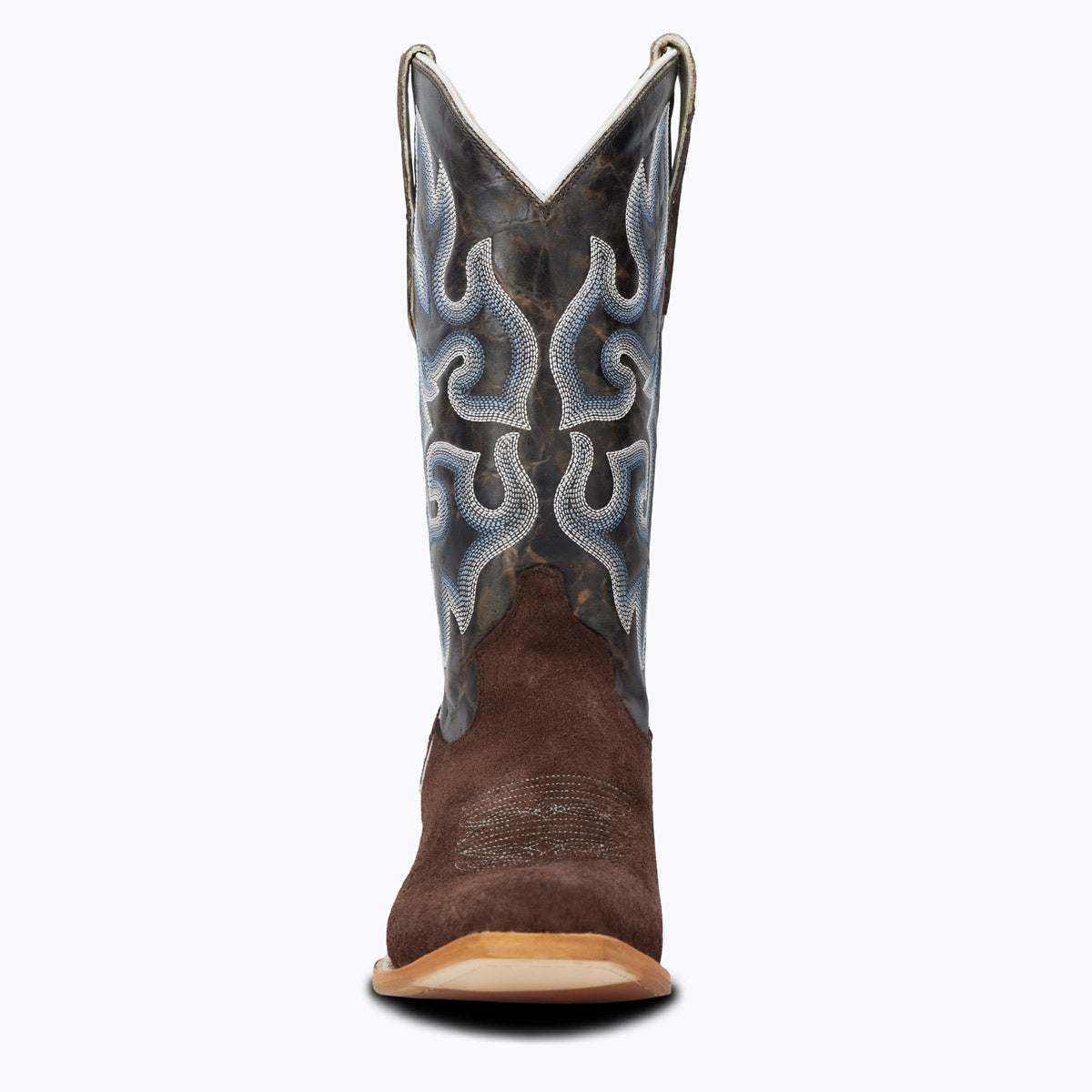 El Capitan Nashville - Dakota cowboy boot in dark brown roughout leather with blue-gray scroll stitching and pointed toe.