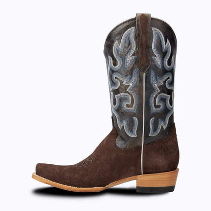 El Capitan Nashville - Dakota cowboy boot in dark brown roughout suede with ornate blue and white stitched shaft detailing