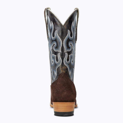 El Capitan Nashville - Dakota cowboy boot in dark brown roughout leather with blue and white flame stitching