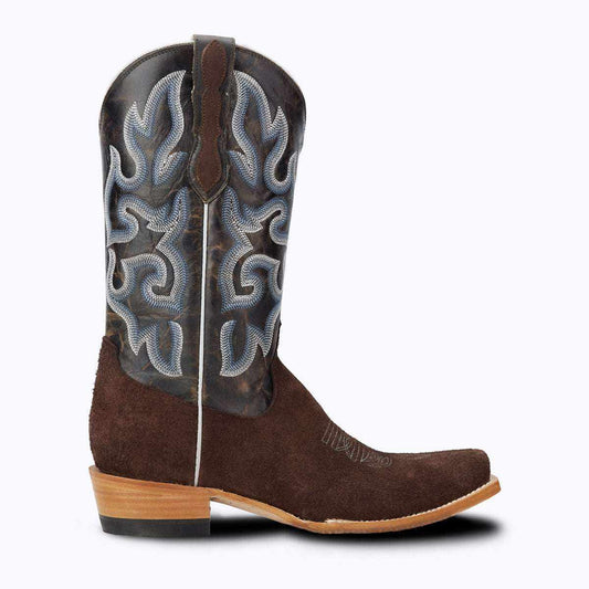 El Capitan Nashville - Dakota cowboy boot in dark brown roughout leather with light blue and white stitched shaft