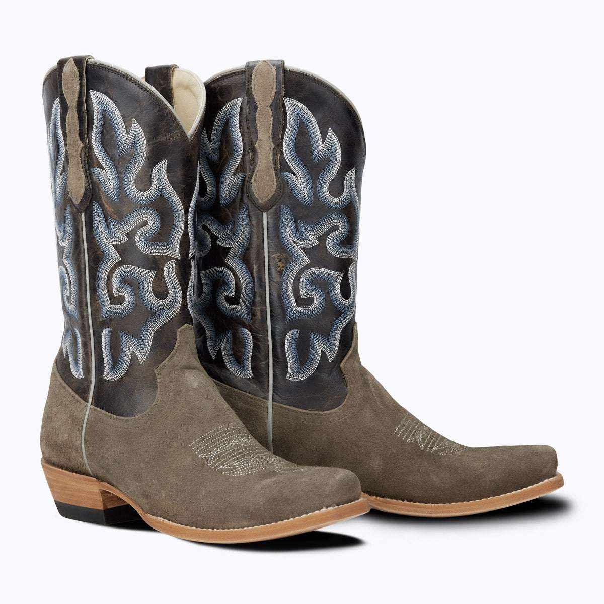 El Capitan Nashville - Elkins cowboy boots in grey roughout leather with dark shafts and blue-gray stitched flame patterns