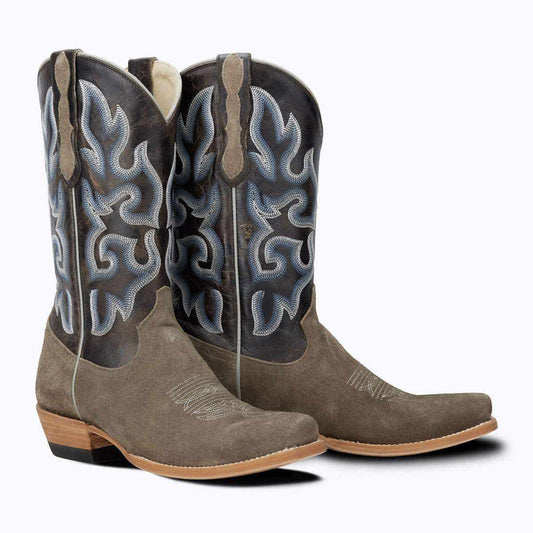El Capitan Nashville - Elkins cowboy boots in grey roughout leather with dark shafts and blue-gray stitched flame patterns