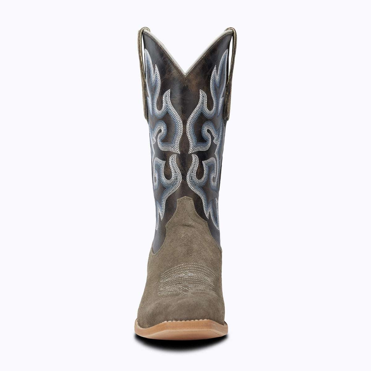 El Capitan Nashville - Elkins Western boot in grey roughout leather with dark shaft, pale scrolling embroidery and cutter toe